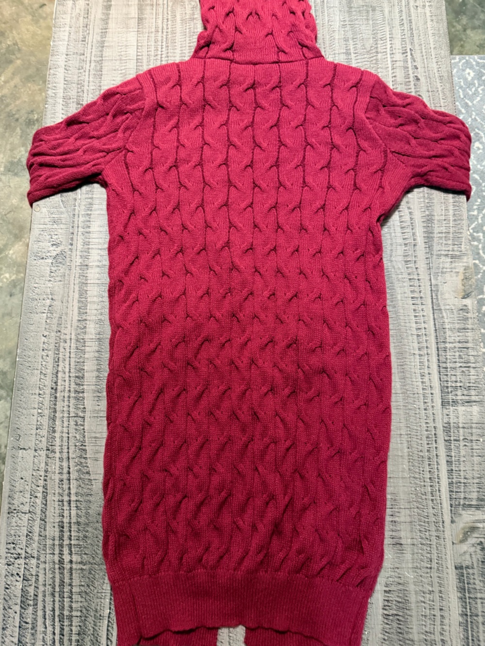 Hooded Cable-Knit Long Cardigan Sweater - Raspberry Maroon - Picture 8 of 10
